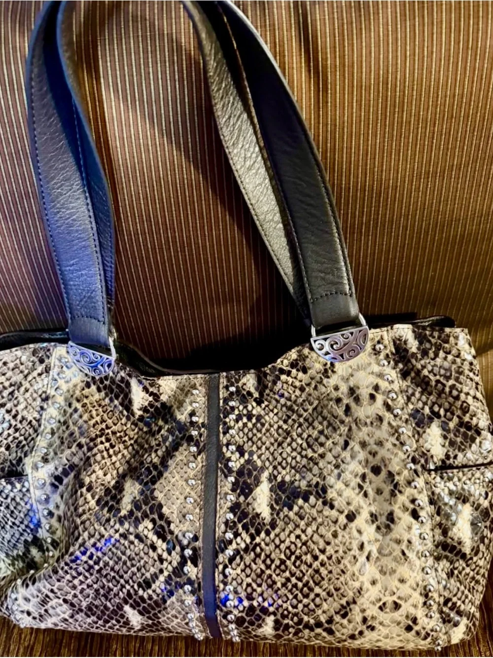 Brighton Black and Beige Python-Print Shoulder Bag